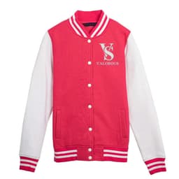 A women's varsity jacket in vibrant pink with white sleeves and a logo on the front.
