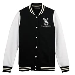 A black and white custom baseball jacket featuring a logo on the front and striped collar and cuffs.