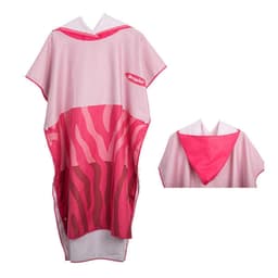 A pink and white hooded beach towel with a vibrant zebra pattern and a logo.