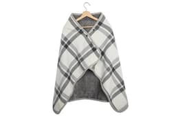 A wearable flannel blanket in grey and white plaid pattern, featuring buttons and a cozy design, displayed on a hanger.