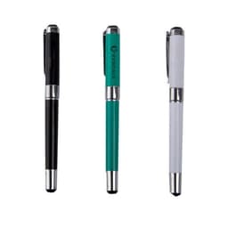 A set of three laser engraved metal pens in black, teal, and white, each featuring a logo.