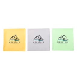 Three custom microfiber lens cloths in yellow, grey, and green, featuring a logo with mountains.