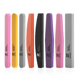 A set of emery boards in various colours including pink, purple, grey, orange, black, and yellow, with branding.