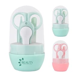 A baby nail kit featuring pastel green and pink tools, enclosed in a protective case with a logo.