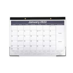 A wall calendar displaying the month of January 2022, featuring a black top and clear design with monthly sections.
