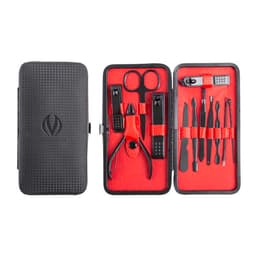 A stainless steel 12-in-1 nail clipper set in black and red packaging, featuring various grooming tools and a logo.