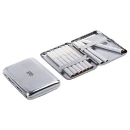 A stainless steel cigarette case featuring a sleek silver design, holding several white cigarettes inside.