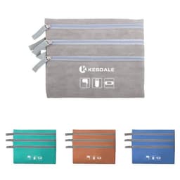 A grey cable organiser storage bag with three zippered compartments, shown alongside green, brown, and blue variations.