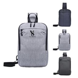 A grey sling bag made of oxford cloth, featuring a logo and adjustable strap, with a sleek design and multiple compartments.