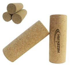 Natural cork massage rollers in brown, featuring one logo, with additional rollers in the background.
