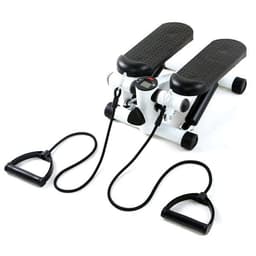 A portable mini fitness stepper in black and white with resistive bands and a digital display. It includes a logo.