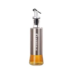 A stainless steel oil bottle with a clear glass base, showcasing golden liquid inside and a pour spout on top.