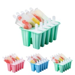 A green silicone ice cream mold with ten compartments, featuring popsicles in various colours, including red, yellow, and green.