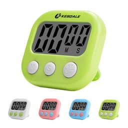 A bright green LCD digital kitchen countdown timer with large display and three buttons. Available in multiple colours.