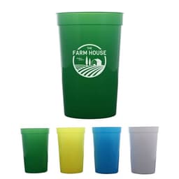 A drink cup in green with a logo, alongside cups in yellow, blue, white, and green. Ideal for promotional use.