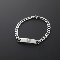 A stainless steel nameplate bracelet with a chunky chain design and engraved plate. The metal has a polished finish.