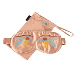 A pink embroidered satin eye mask featuring an eye design, accompanied by a matching silk carry bag.