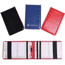 A PU golf scorecard holder in red, blue, and black, featuring a textured design and a logo.