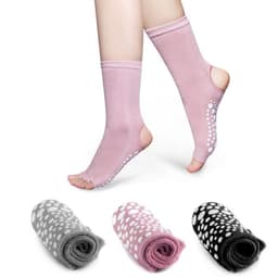 Cotton toeless yoga socks in pink, grey, and black, featuring non-slip grips and an open-toe design.