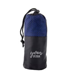 A double-sided fleece microfiber sports towel in black and blue, featuring a drawstring pouch and a logo.
