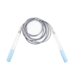 A jump rope with a grey PVC cord and light blue silicone handles, featuring silver metal connectors.