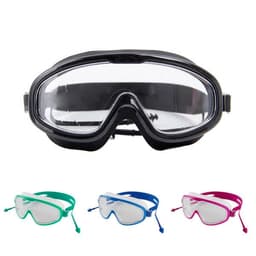 Large swimming goggles in black, with additional pairs in green, blue, and pink, featuring earplugs for comfort.