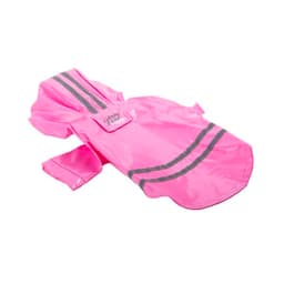 A bright pink PU reflective pet raincoat with grey stripes and a hood, featuring a logo.