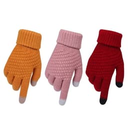 Three pairs of knitted touch screen gloves in orange, pink, and red, featuring textured patterns and contrasting fingertips.