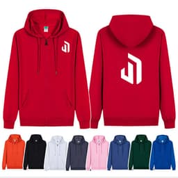 A red zip-up hoodie jacket with a logo, available in various colours including black, grey, and blue.