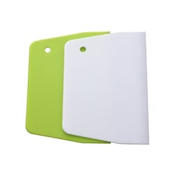 Two plastic baking dough scrapers in green and white, with a rounded edge and a hole for hanging. One has a branding logo.