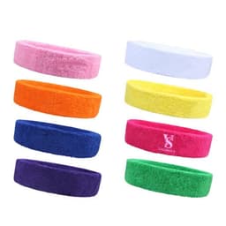 A selection of Terry Cotton Sports Headbands in pink, white, orange, yellow, green, purple, and blue with a logo.