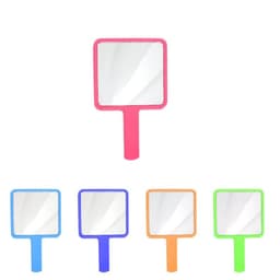 A square-shaped handheld mirror in various colours: pink, blue, green, orange, and purple, with a handle.