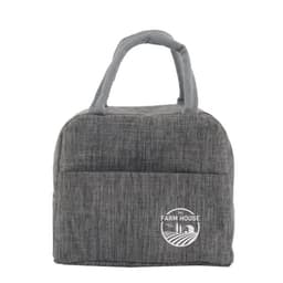 A grey insulated lunch bag with two handles and a front pocket, featuring a logo.
