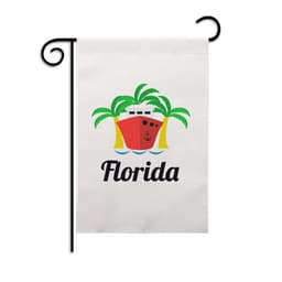 A garden flag featuring a red boat with palm trees and the word "Florida" in black text on a white background.