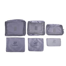 A set of six grey travel storage bags in various sizes, featuring a logo on some bags.