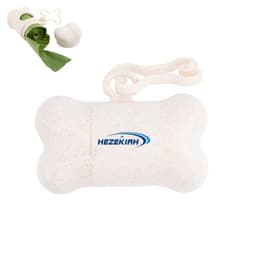 A bone-shaped dog poop bag holder in cream colour, with a logo and a roll of green bags inside.