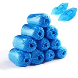 A stack of blue disposable PE shoe covers, neatly arranged and featuring a shiny, smooth finish.