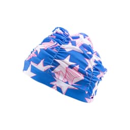 A pleated long hair swimming cap in blue with pink and white star patterns, featuring a logo.
