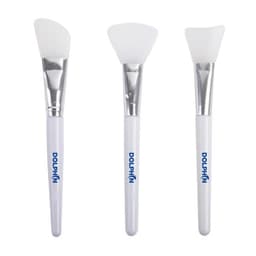 Three silicone face mask brushes with white handles and silver ferrules, featuring a logo on each handle.