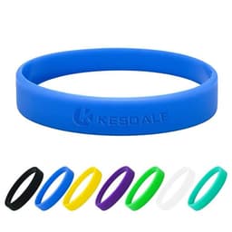 A blue silicone sport wristband with a logo, surrounded by wristbands in black, yellow, purple, white, green, and teal.