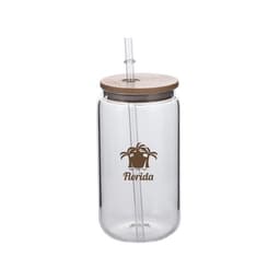 A drink bottle with a clear glass body, wooden lid, and straw, featuring a logo.