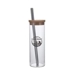 A drink bottle featuring a clear glass tumbler with a bamboo lid and a metal straw, displaying a logo.