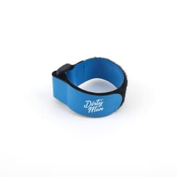 An adjustable blue and black fixing strap featuring a logo, designed for bicycles.