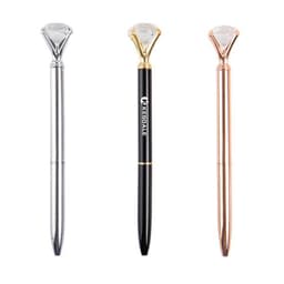 A set of three personalised metal ballpoint pens with diamond-shaped tops in silver, black, and rose gold finishes.