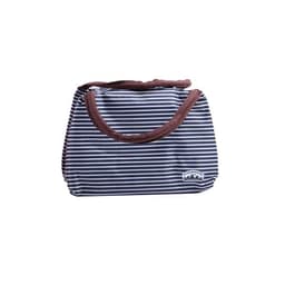 A striped insulated lunch bag in navy blue and white with brown handles and a small logo.