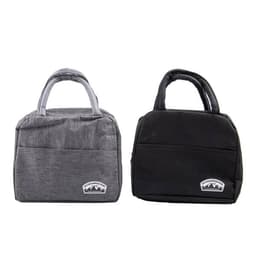 Insulated lunch bags in grey and black, featuring handles and a logo on the front.