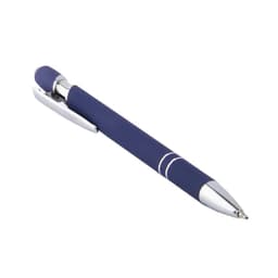 A navy blue stylus pen with a chrome clip and tip, featuring a smooth, sleek design and a logo.