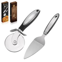 A silver pizza cutter with a black handle and a stainless steel server shovel, displayed with packaging in the background.