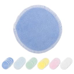 A circular reusable makeup remover pad in soft blue, with additional pads in pastel colours: green, pink, yellow, and white.