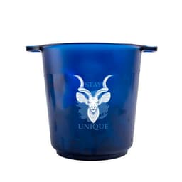 A blue ice bucket with a handle and a logo on the front, designed for leisure and outdoor use.